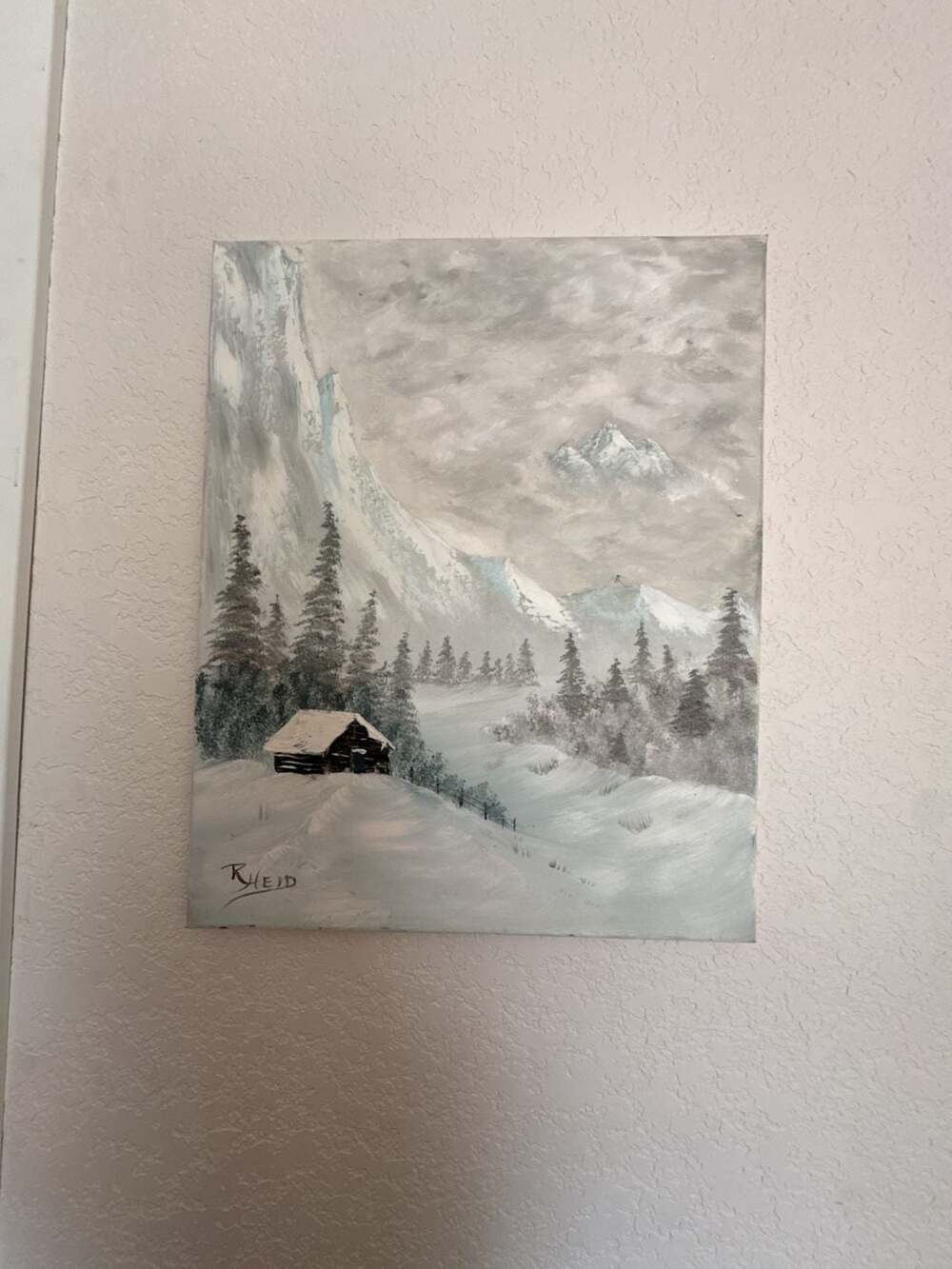 Original Winter Mountain Landscape Cabin Oil Painting Signed